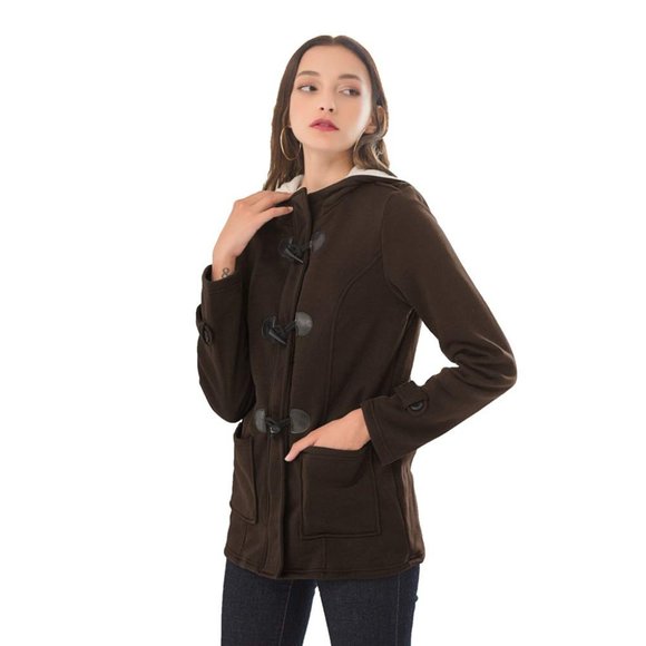 Pea Coat Jacket Brown Hood Toggles& Zipper Pockets - Picture 9 of 16